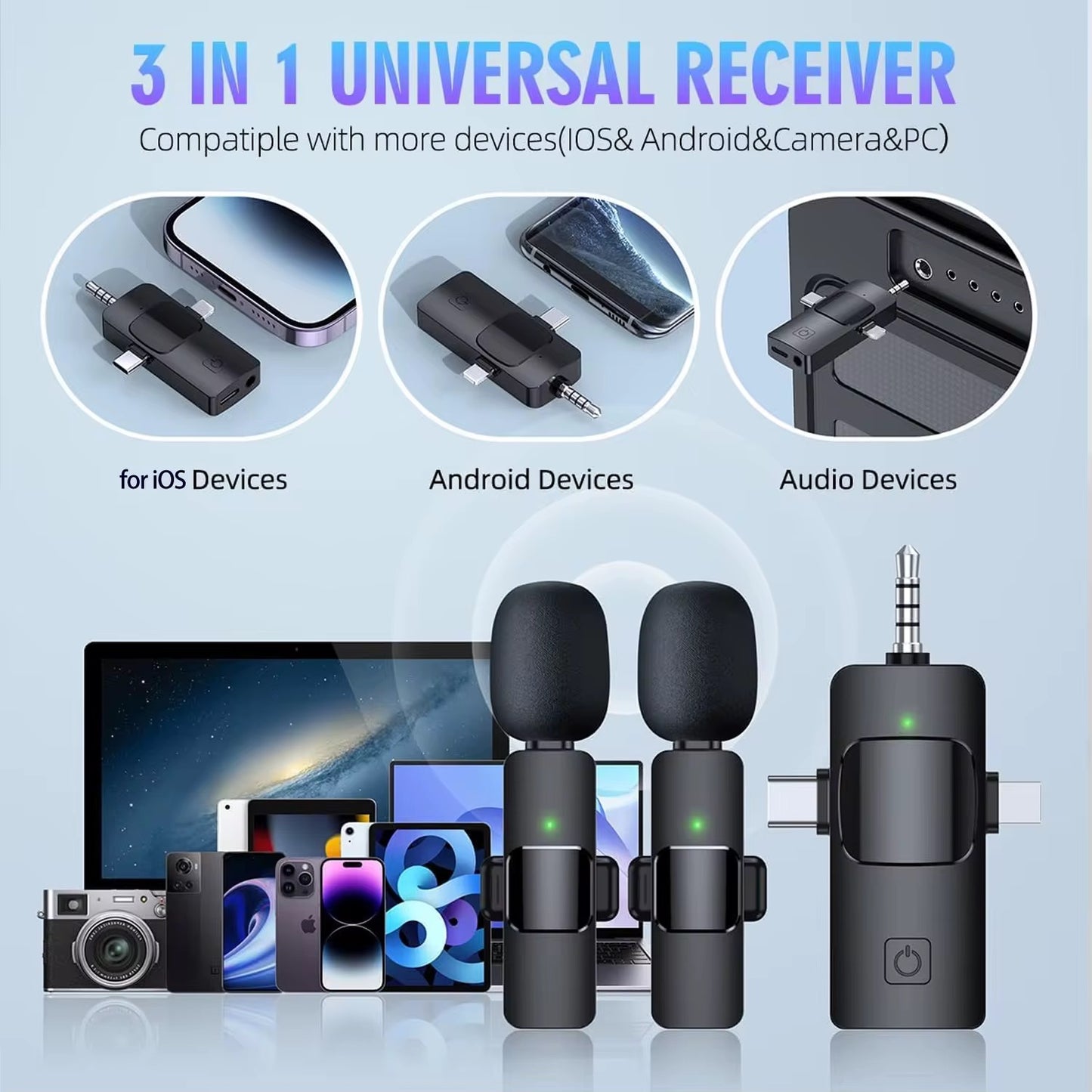 microphone sans fils 3 en 1 avec recepteur universel